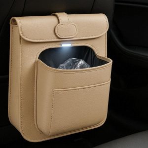 11 Magnetic Car Trash Bag with LED Light Leather Auto Garbage Can with Slim Pocket Design for Back Seat Organizers Waterproof Beige