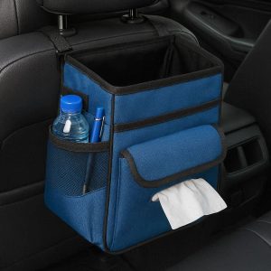 16 Car Trash Can with Tissue Holder 2 in 1 Hanging Garbage Bag for Auto Console and Seat Back Waterproof Storage Bin with Pockets Blue