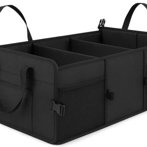 17 Foldable Car Trunk Organizer with Straps Heavy Duty Cargo Storage Box with Divided Compartments and Non Slip Bottom for SUV and Truck Black