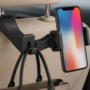 2 2 in 1 Car Seat Hook with Phone Holder Universal Vehicle Headrest Hanger for Bags and Purses Adjustable Clip for Smartphones Black