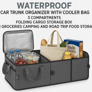 20 Waterproof Car Trunk Organizer with Cooler Bag 3 Compartments Folding Cargo Storage Box for Groceries Camping and Road Trip Food Storage Gray