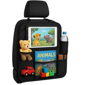 21 Car Front Seat Organizer with Tablet Holder Multi Pocket Storage Bag for Kids Toys Books and Road Trip Essentials Heavy Duty Fabric Black