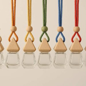 Hanging Glass Car Air Freshener Bottles Set of 6 Empty Scent Diffusers for Essential Oils with Wooden Caps and Adjustable Strings Multi