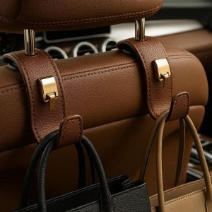 3 Leather Car Seat Hooks Set of 2 Luxury Metal Headrest Hangers for Purses and Bags Premium Vehicle Interior Accessories Brown Color