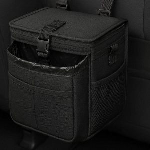 9 Waterproof Car Trash Can with Lid Hanging Garbage Bag for Auto Back Seat with Storage Pockets Leak Proof Vehicle Organizer Black